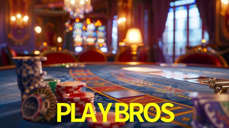 Una escena digital vívida inspirada en casino con PLAYBROS mostrado prominentemente, luces brillantes, fichas, cartas y acentos dorados.