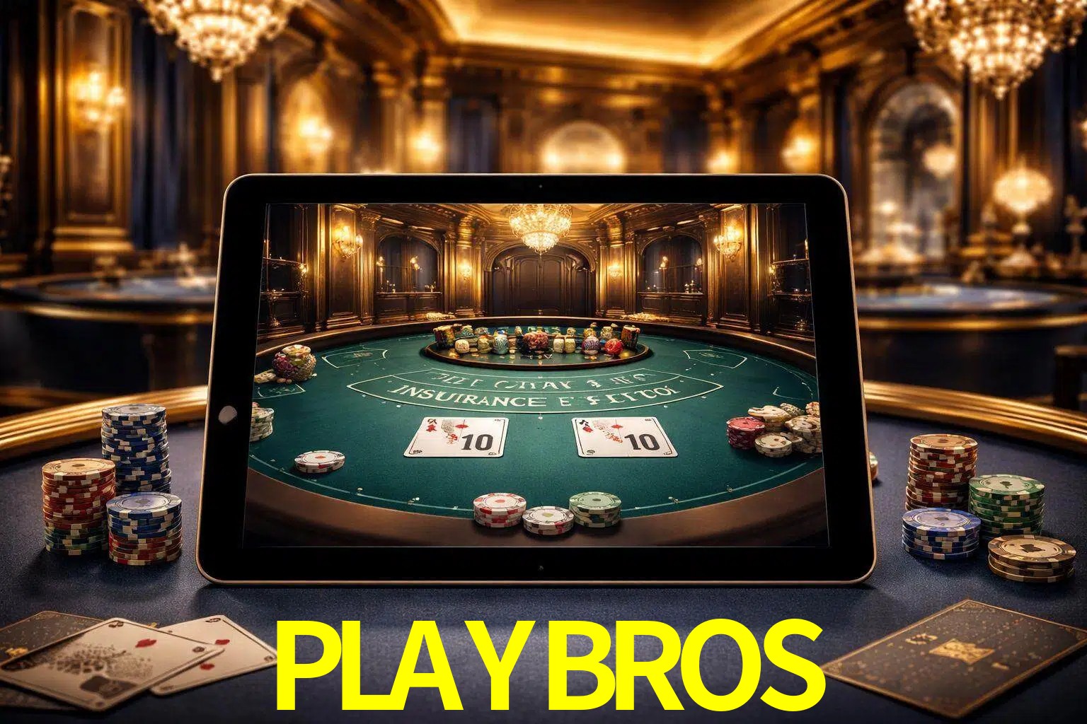 Configuración moderna de casino en vivo con una tableta mostrando una mesa de blackjack, luces cálidas de estudio y una atmósfera elegante de juegos digitales.